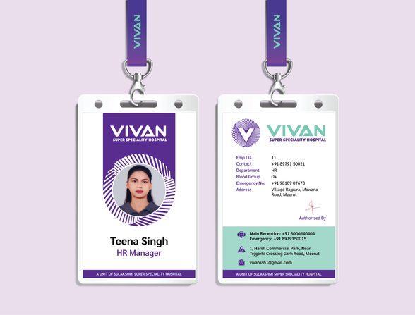 Vivan Hospital staff ID card mockups on a lavender field