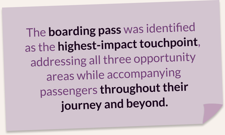 Sticky note identifying the boarding pass as the highest-impact touchpoint