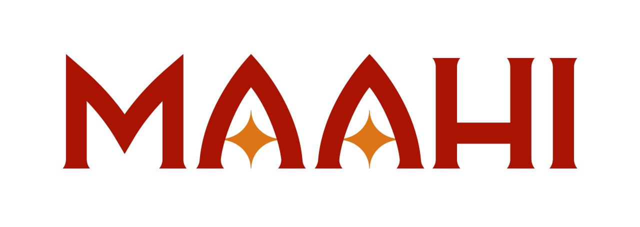 Maahi wordmark in deep red with orange star accents in the arched letterforms