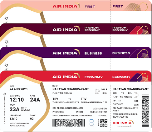 Stacked First, Premium Economy, Business, and Economy boarding passes