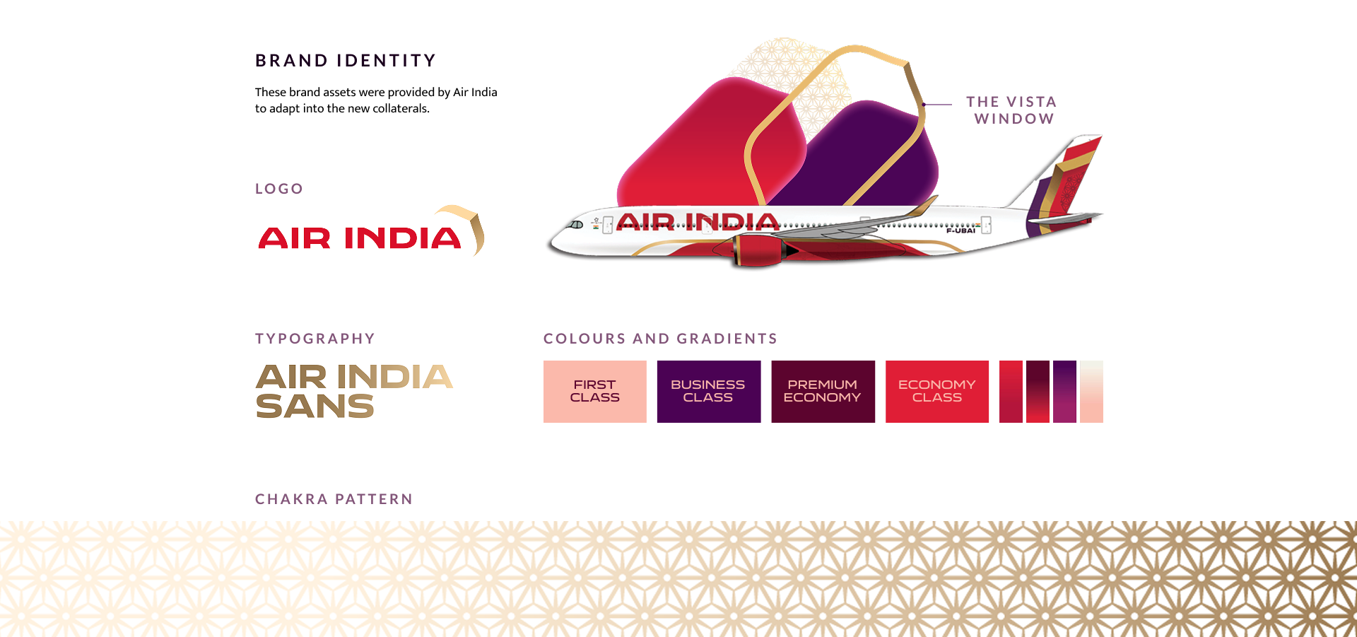 Air India brand identity — logo, Vista window, typography, cabin-class colours, and chakra pattern