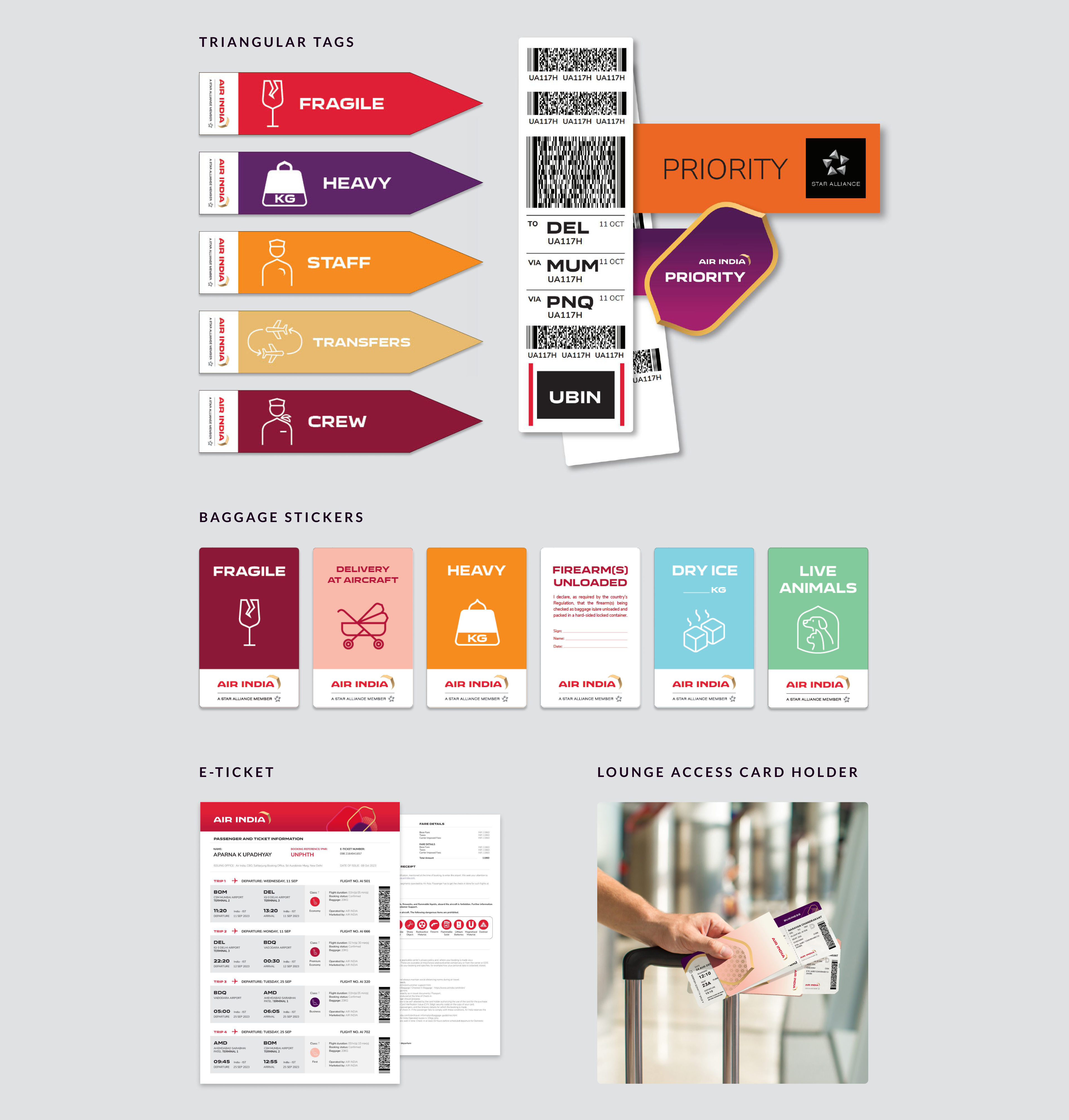 Triangular baggage tags, stickers, e-ticket, and lounge access card holder
