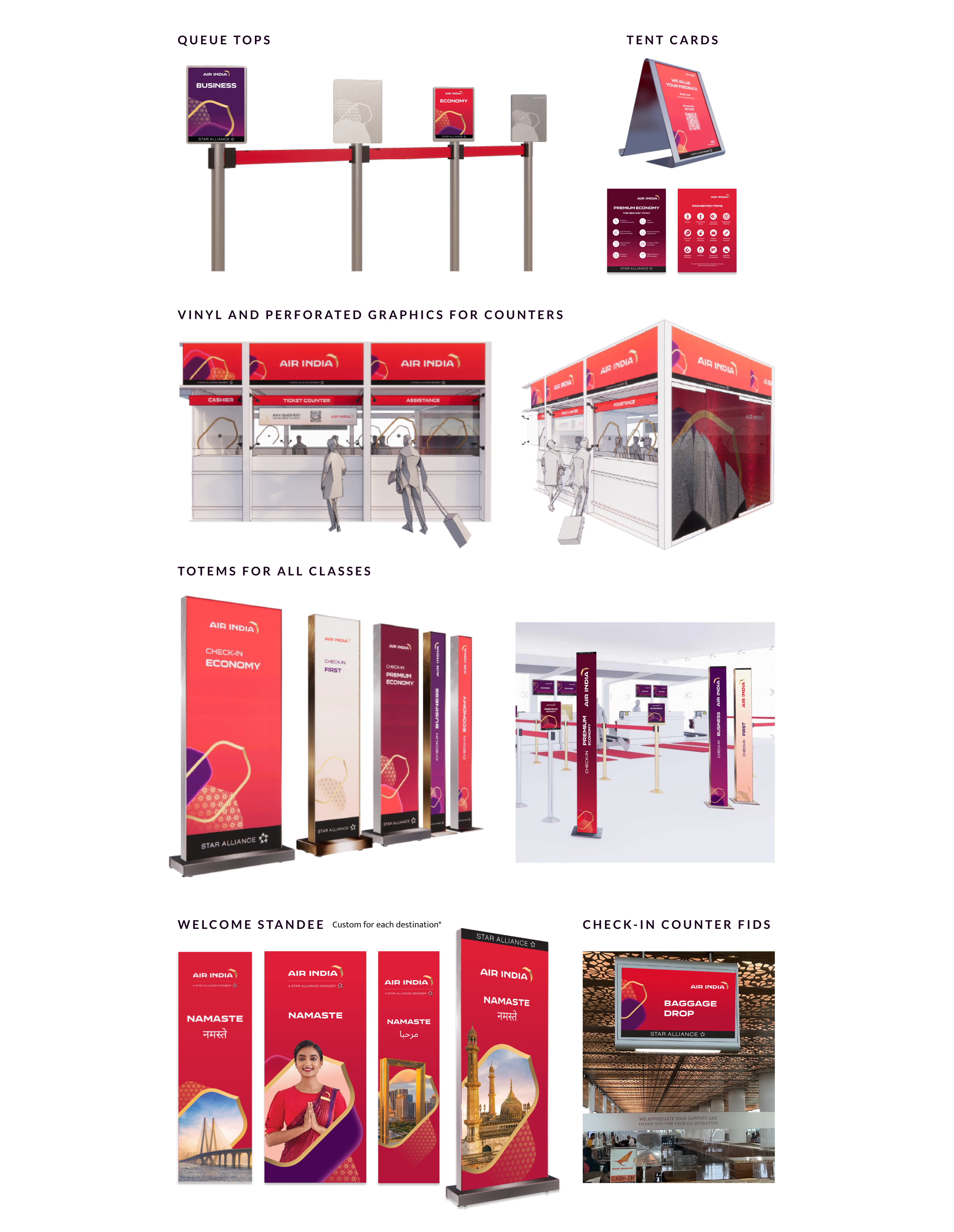 Airport environmental graphics — queue tops, counters, totems, welcome standees, and FIDS