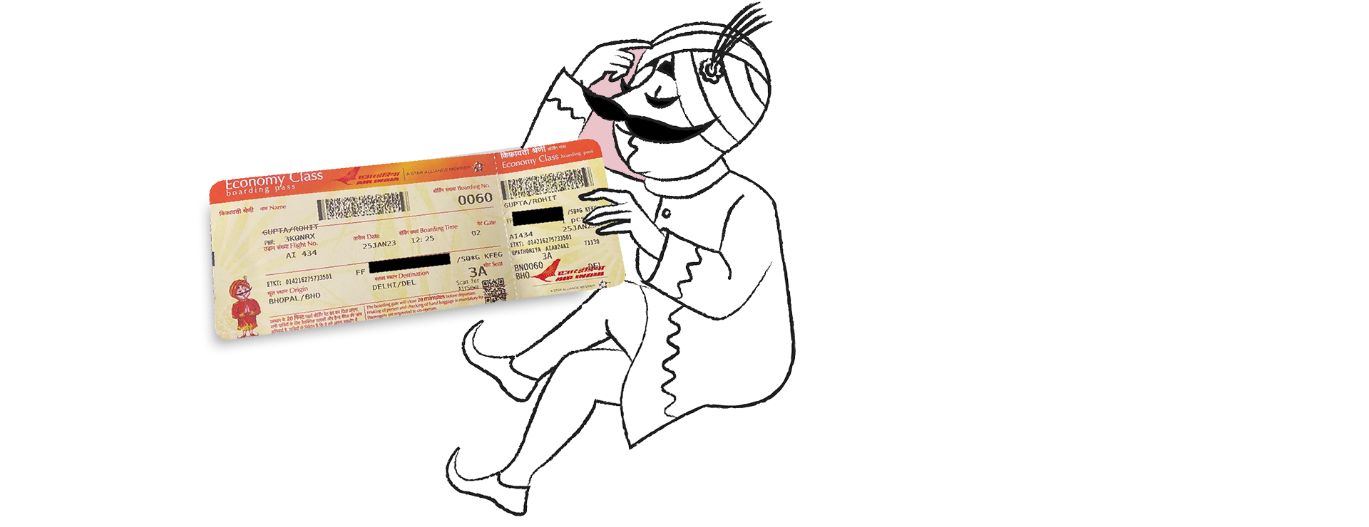 Maharaja sitting on a white banner while holding a legacy Air India boarding pass
