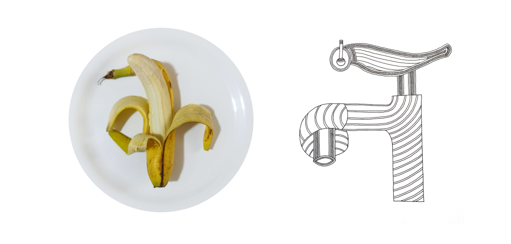 Object shaping letterform examples with banana and tap