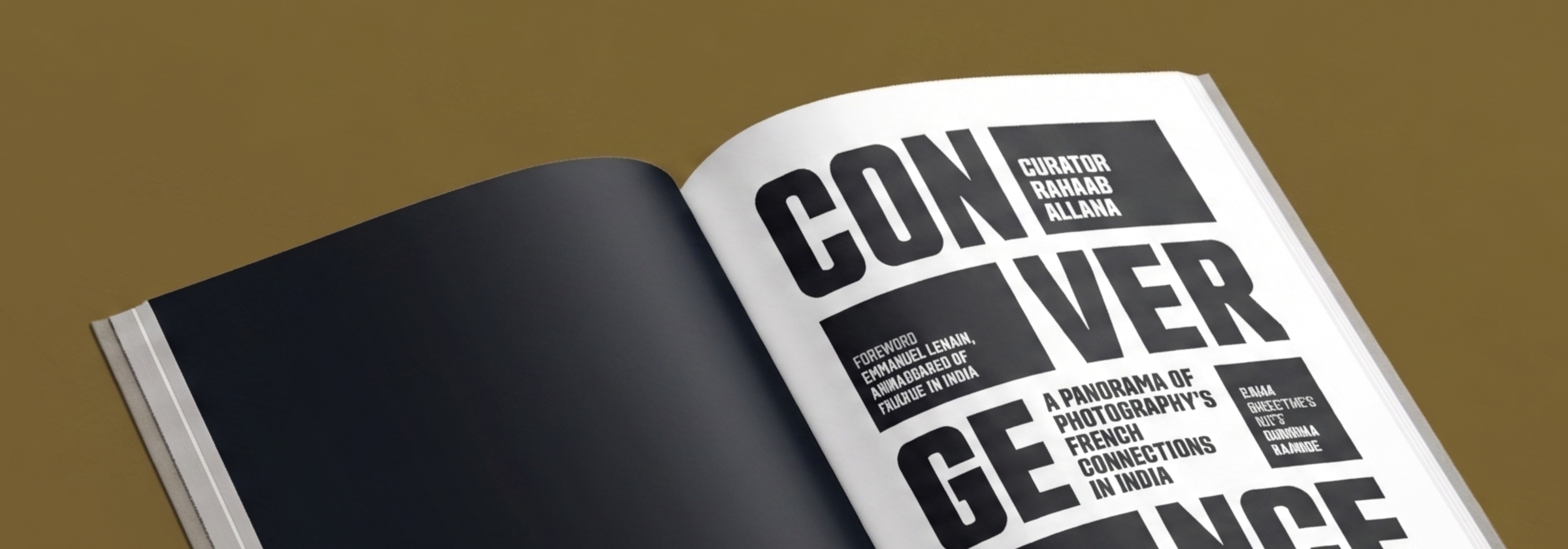 Open Convergence book spread with bold typography on an olive field