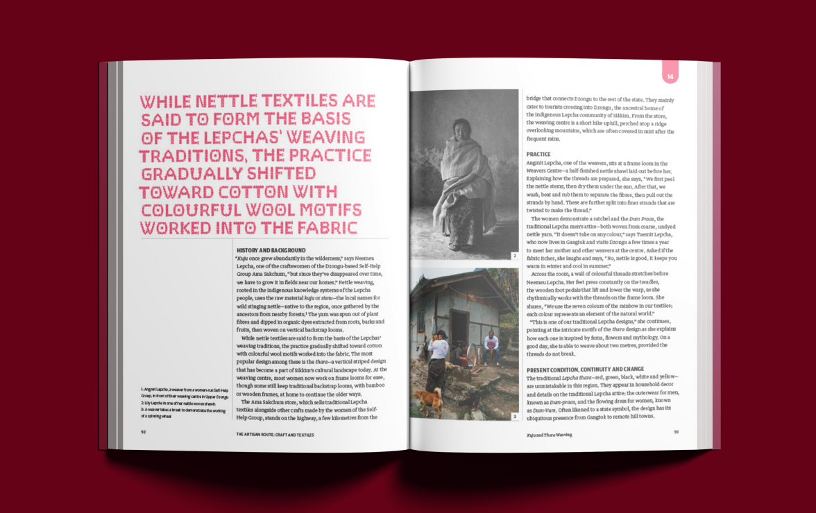 Artisan Route textile spread on a maroon background