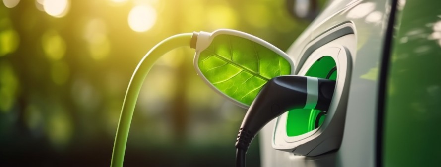 Leaf-shaped green EV charger plugged into a white car