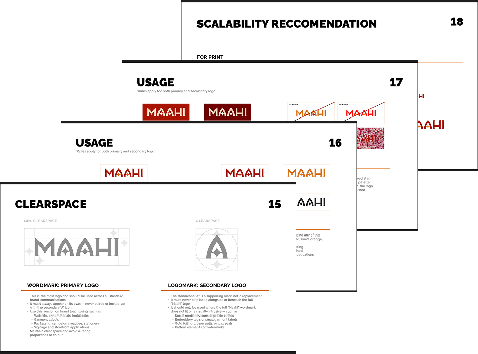 Stacked Maahi brand guidelines pages covering clearspace, usage, and scalability