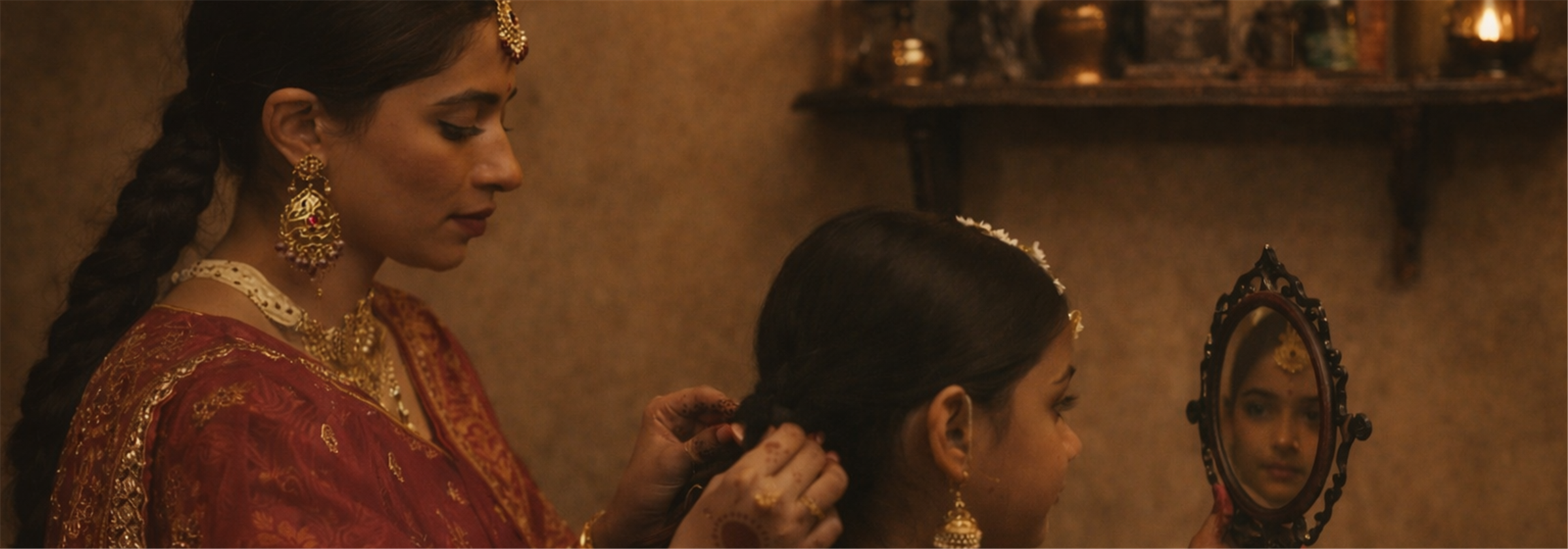 Woman in bridal attire braiding a girl’s hair by warm lamp light