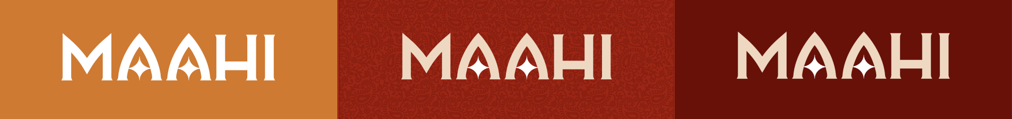Maahi wordmark applied on orange, patterned red, and deep maroon fields