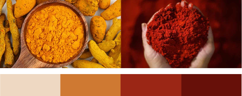 Haldi and kumkum pigments with the Maahi colour palette swatches