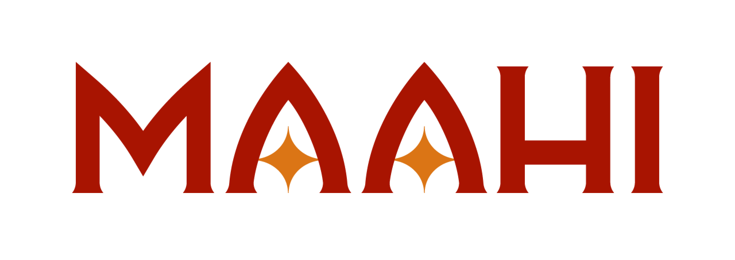 Maahi wordmark in deep red with orange star accents in the arched letterforms