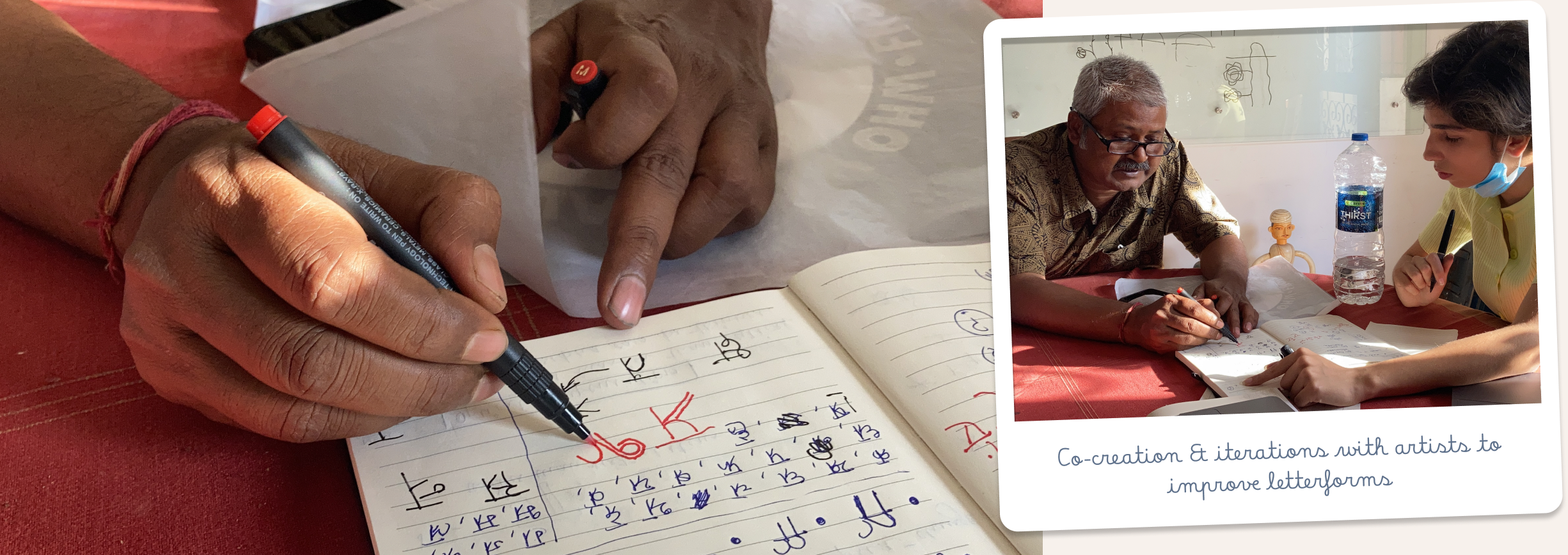 Artists sketching Mythila letterforms and a polaroid of the workshop