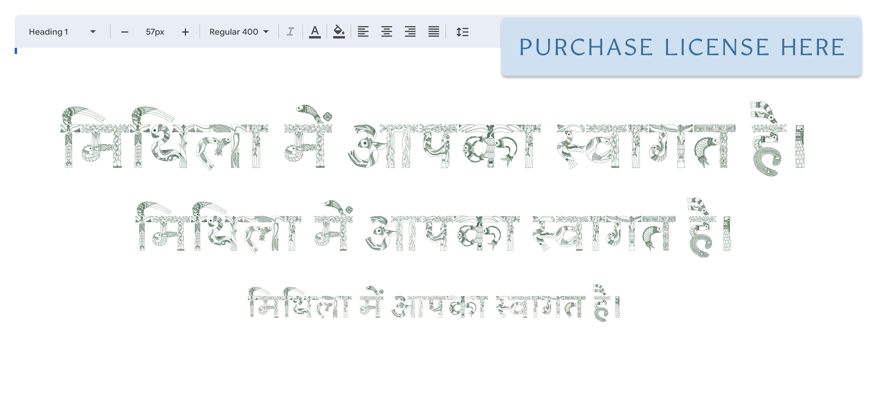 Purchase license callout with Mythila type specimens at three sizes