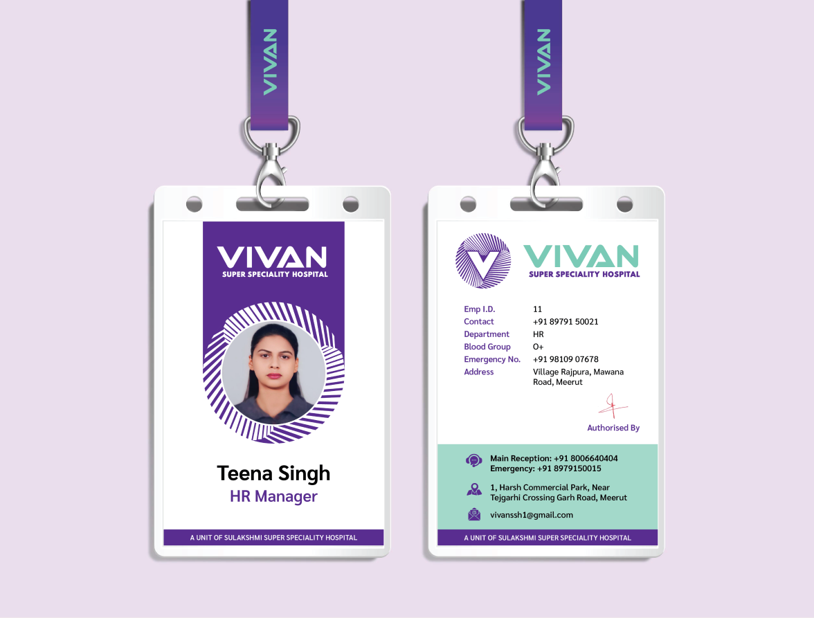 Vivan Hospital staff ID card mockups on a lavender field