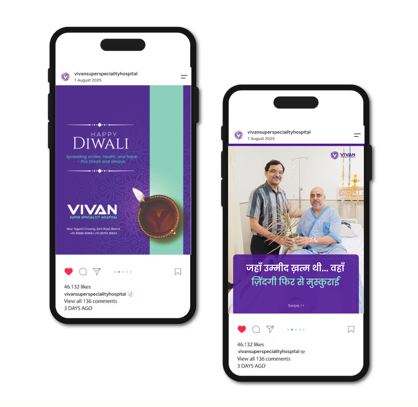 Two phone mockups showing Vivan Hospital Instagram posts