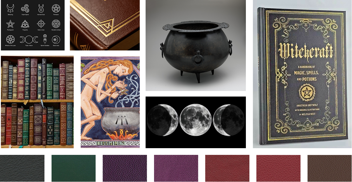 Research moodboard with occult symbols, leather bindings, cauldron, moon phases, and colour palette